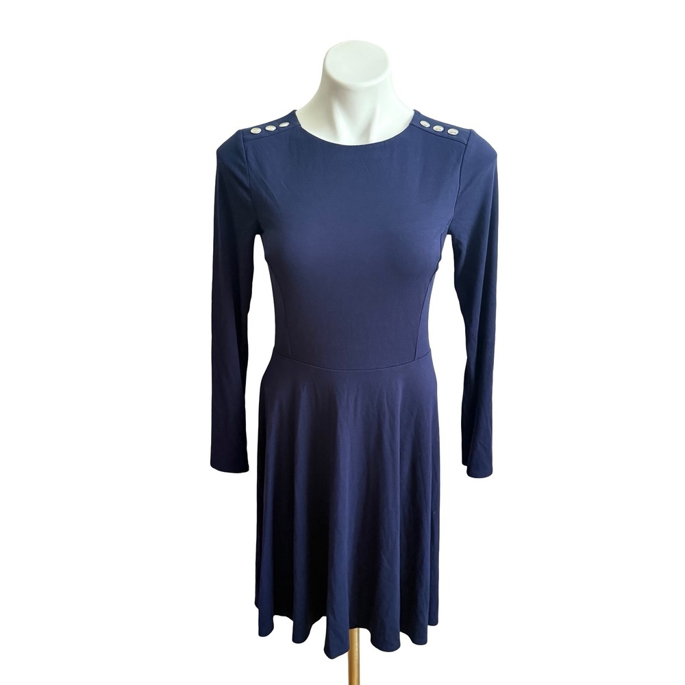 White House Black Market Navy Blue Long Sleeve Button Shoulder Flare Dress 2